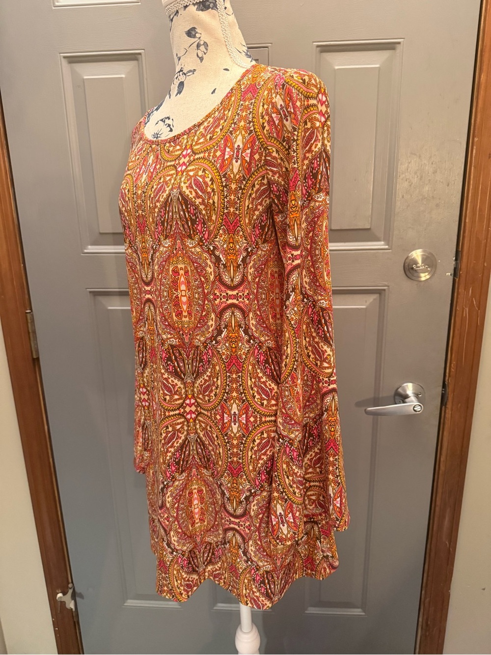 Boho Paisley Tunic Dress brown/pink/orange with bell sleeves (medium)